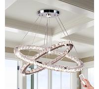 Lustre en Cristal à intensité Variable, lustres Modernes à 2 Anneaux de 23,6 Pouces avec télécommande, Lampe Suspendue Ovale à LED 3 Couleurs, éclairage Suspendu Variable, lumière
