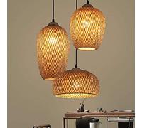 Lustre Industriel 3 Lampes Suspendue Bambou Tissé À La Main Lampe Vintage Pendentif Rotin Lampe À Suspension Abat-Jour En Osier Naturel Luminaire Plafonnier E27 Pour Chambre Salon Cuisine Salle