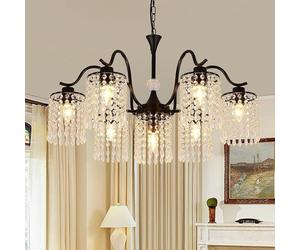 Lustre moderne Kristall, métal mat, style vintage français, idéal pour une maison de campagne. Lampe suspendue, hauteur réglable, plafonnier avec abat-jour en forme de goutte d'eau, finition noire, 7 