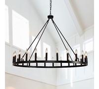 Lustre Rond Noir en Forme de Roue de Chariot du Milieu du siècle, luminaire d'extérieur à 24 lumières de Style Bougie pour Porche