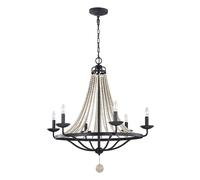 Lustre suspension bois clair acier gris zinc patiné 6 lampes