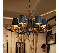 Lustres Rustique Bois Lampe Suspension Style Industriel Pendentif Rétro Résine Fer Noir Lampshade Lumière Suspendue 6*E14 Plafonnier Réglable Hauteur Salle À Manger Cuisine Café Bar Éclairage Plafond