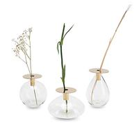 LUUK LIFESTYLE Lot de 3 vases en Verre Boule, Design Minimaliste Rond, Oval, Ensemble décoratif, Style Vintage, Support en Bois, Encolure en Laiton doré