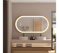 LUVODI Miroir Salle de Bain Éclairage LED Doré 120x60cm Prise Éclairant Mural 3 Couleurs Lumière Antibuée Mémoire, IP66