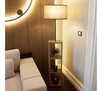 lux.pro Lampadaire Stylé avec Étagère Intégrée 3 Niveaux de Stockage Lampe sur Pied Design MDF Métal Tissu Douille E27 Hauteur 150 cm Effet Bois Noir Beige