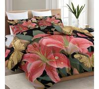 Luxe Classique Couette 4 Saisons 135 x 200 cm Enfant, Noir Réversible Imprimée Luxe Feuille Or Lys Floral Couette Legere et Chaude pour Ete Hiver, Lavable Microfibre sans Housse