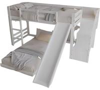 Luxe lit mezzanine pour enfants 90x200cm avec toboggan, escalier d'angle, rampe et fenêtre - Lit mezzanine multifonctionnel avec banc, étagères et espace de rangement - Gris