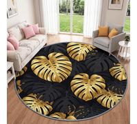 Luxe Moderne 160 cm Tapis Rond Salon Noir Doré Lavable en Machine Rug | Antidérapant Jungle Tropicale Monstera Feuilles de Palmier Tapis Rond Chambre Adulte Salle a Manger Descente de Lit Bureau