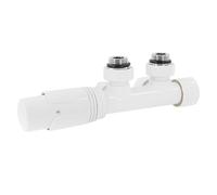 LuxeBath Kit de Raccordement Robinetterie à Clapet Multibloc, Blanc, Forme d'angle, avec Tête Thermostatique, pour Radiateur de Salle de Bain avec Raccord Central, Garniture de Connexion + Thermostat