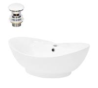 LuxeBath Lavabo en Céramique Blanc 59x20,5x39,5 cm avec Garniture de Vidage 1 1/4" Universel et Trop-Plein, Design Ovale, Vasque à Poser Moderne, Évier Lave-Mains Salle de Bain et Toilette
