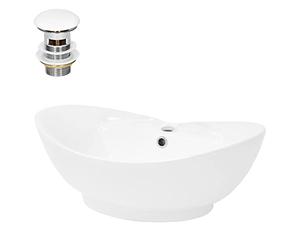 LuxeBath Lavabo en Céramique Blanc 59x20,5x39,5 cm avec Garniture de Vidage 1 1/4" Universel et Trop-Plein, Design Ovale, Vasque à Poser Moderne, Évier Lave-Mains Salle de Bain et Toilette