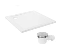 LuxeBath Receveur de Douche 90x90 cm Extra-Plat, Bac à Douche Recoupable avec Bonde Siphon et Filtre à Cheveux, Carré avec Épaisseur 4 cm, 3 Types d’Installation, en Résine SMC, Surface Lisse, Blanc