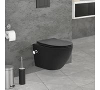 LuxeBath WC Suspendu sans Rebord avec Fonction Bidet, Court 49cm, Noir Mat, Chasse d'Eau Tornado, en Céramique, Nano-Revêtement, Abattant Softclose Duroplast, Cuvette avec Siège Fermeture Automatique