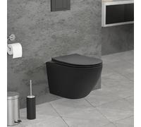 LuxeBath WC Suspendu sans Rebord Court 49 cm Noir Mat, en Céramique Sanitaire, avec Siège Amovible en Duroplast Softclose, Toilette Murale Cuvette à Chasse d'eau Profonde pour la Salle de Bain