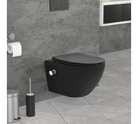 LuxeBath WC Suspendu sans Rebord Fonction Bidet, Noir Mat, en Céramique, à Chasse d'Eau Profonde Tornado, Long 54 cm, avec Couvercle Softclose, Cuvette Murale avec Abattant à Fermeture Automatique