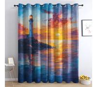 Luxfieo Rideau Occultant Phare - Décoration Phare, Rideau Thermique Motif Coucher de Soleil Nautique, Lot de 2 Rideaux Opaque à Oeillets pour Fenetre Chambre Salon Chambre Enfant, 140x200 cm (LxH) Y#1
