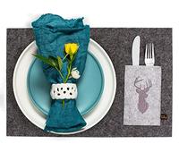 Luxflair Magnifique ensemble de 4 sets de table en feutre gris foncé avec noble sac à couverts brodé motif cerf, lavable. Set de table design carré pour l'intérieur et l'extérieur