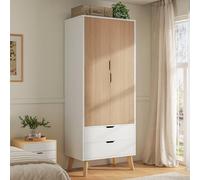 LUXOAK Armoire Chambre 2 Portes avec 2 Tiroirs, Armoire Penderie Chambre Blanche Aspect Bois, Tringle à Vêtements, 198 x 76 x 50 cm