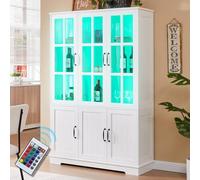 LUXOAK Armoire vitrine avec éclairage LED et poignées rétro, armoire haute blanche de 180 cm de haut, 6 portes avec fenêtres en acrylique et 8 étagères, armoire moderne pour salon et cuisine