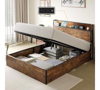 LUXOAK Lift Up Cadre de lit de Rangement, 140 x 200 cm, avec Fonction de Levage, Espace de Rangement et Station de Charge, Pas de Suspension nécessaire, Silencieux, Marron Rustique, sans Matelas