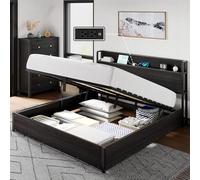 LUXOAK Lit Coffre 160x200cm en Bois, Lit de Rangement avec Station de Charge & Levage Hydraulique, Lit 160x200 avec Sommier, Silencieux sans Matelas, Noir