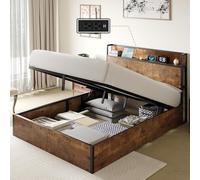 LUXOAK Lit de Rangement, 140x200cm, avec tiroir de lit et Fonction de Levage, lit Plate-Forme avec Espace de Rangement et Station de Charge, sans sommier tapissier, Silencieux, Marron Rustique