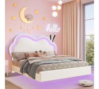 LUXOAK Lit pour enfant 90 x 200 cm, lit pour fille avec éclairage LED et sommier à lattes, lit flottant avec tête de lit nuage, hauteur réglable, cuir, blanc