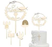 Luxorium Décoration Communion Décoration de Gâteau en Bois Set de 5 Pièces Cake Topper Communion Première Communion Colombe Poisson Décoration de Gâteau pour Fille Garçon