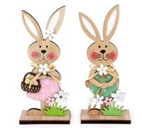 Luxorium Lot de 2 Lapins de Pâques en Bois Décoration à Poser - Déco de Pâques pour Table, Rebords de Fenêtre et Intérieur
