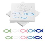 Luxorium Lot de 20 serviettes en papier avec motif poisson et citation + 50 poissons en bois pour décoration baptême garçon, communion, confirmation - Décoration bleue 33 x 33 cm