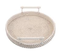 Luxshiny Plateau Rond en Rotin Tressé Blanc avec Poignées, Panier Décoratif Portable pour Rangement de Fruits et Serviettes Cuisine ou Chambre