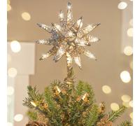 Luxspire Pointe de Sapin de Noël, 11" Étoile Lumineuse 3D, Argent | Modèle à Brancher, Minuterie 6H, 20 Lumières Intégrées, 16,4FT Cordon, Garniture Pailletée pour Décoration Moderne/Vintage