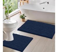 LuxUrux Lot de 2 tapis de salle de bain à poils longs - Tapis de bain en peluche chenille doux antidérapant + tapis de toilette en forme de U - Moquette hirsute en microfibre super absorbant - Bleu