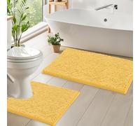 LuxUrux Tapis De Salle De Bain Ensemble De Tapis De Bain en Chenille De Luxe (2 Pièces), Antidérapant en Peluche Douce + Tapis De Toilette 1 `` Tapis Shaggy en Microfibre |Jaune|Ensemble Incurvé