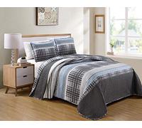 Luxury Home Collection Parure de lit 3 pièces pour très Grand lit/très Grand lit californien, Couvre-lit matelassé réversible, Motif écossais Moderne, Bleu, Gris, Blanc