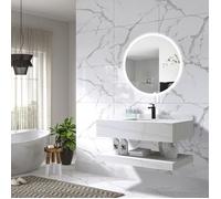 LuxuryBain - Meuble de salle de bain simple vasque 100cm effet marbre blanc et doré avec miroir led
