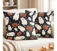 Luzzxfa Lot de 2 Housses de Coussin 40×40 cm - Design Citrouilles & Chauves-Souris - Tissu Peluche Courte Ultra Doux, Double Face - Housses décoratives Halloween pour Canapé, Chambre, Fête d’Automne