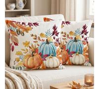 Luzzxfa Lot de 2 Housses de Coussin 40×40 cm - Motif Citrouille Orange avec Texte “Hello Pumpkin” - Velours Doux Court, Impression Double Face - Housses décoratives Halloween Automne Salon Canapé