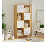 LVHCMFOHM Bibliothèque Étagère, 4 Portes+4 Ouverts, Meuble de Rangement avec 8 Cubes, Pieds en Bois, 64,5x30x138 cm, Blanc+Bois