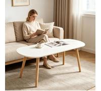 LVHCMFOHM Table Basse Scandinave Ovale 110x50cm Grand Plateau Blanc Pieds en Bois Massif pour Canapé ou Coin Lecture