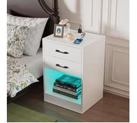 LVHCMFOHM Table de Chevet avec Éclairage LED/Station de Charge, Meuble de Nuit 2 Tiroirs+1 Étagère Ouverte, 40x35x60cm, Blanc