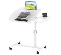 Lvhecforhm Bureau avec Roues, Table de Lit a Roulette, Tableau D'ordinateur de Bureau à Réglage pour Ordinateur Portable avec Fente et Porte-gobelet, Debout Mobile 60X40CM, Pliable Blanc