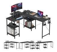 Lvhecforhm Bureau Gaming en Forme L, Bureau d'angle avec Prises et Ports USB, Table Gaming en Fibre de Carbone avec Support d'écran, Gamer Angle avec Crochets, Noir pour Jouer 130x130cm