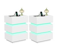Lvhecforhm Table de Chevet avec Éclairage LED Lot de 2, Blanc Table de Nuit avec Station de Charge, Haute Brillante avec 3 Tiroirs, pour Salon 2 Prises et 2 Ports USB