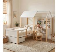 LVHOM Lit de maison 90x200cm avec tiroir, lit d'enfant avec bureau en forme de L et bibliothèque, lit d'enfant avec sommier à lattes et antichute, lit en bois