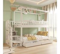 LVHOM Lit superposé 90x200 cm avec escalier et tiroirs, lit mezzanine en pin, lit pour 2 enfants, lit de jeu superposé avec sommier à lattes, blanc