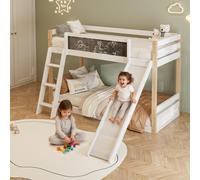 LVHOM Lit superposé avec toboggan et escalier, lit mezzanine 90x200/90x190cm avec panneaux, lit d'enfant en bois massif, lit d'adolescent cadre de lit, blanc/naturel