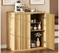 LVSOMT Buffet en Bois Salon, Moderne Meuble de Rangement avec 2 Portes Ondulées, 85cm Haut, Étagère réglable, Porte Magnétique, Meuble Rangement pour Salon Salle à manger Cuisine Couloir, Bois Naturel