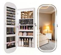 LVSOMT LED Ovale Armoire à bijoux avec miroir, Armoire à bijoux murale avec verrouillable, Miroir bijoux avec rangement, Moderne Armoire bijoux miroir avec 3 lumières, montage mural/porte, Blanc