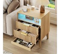 LVSOMT Table de nuit cannelée de 6,1 m, table de nuit avec station de charge et lumières LED, tiroir caché à serrure RFID, table de chevet moderne du milieu du siècle pour chambre à coucher, 2 tiroirs